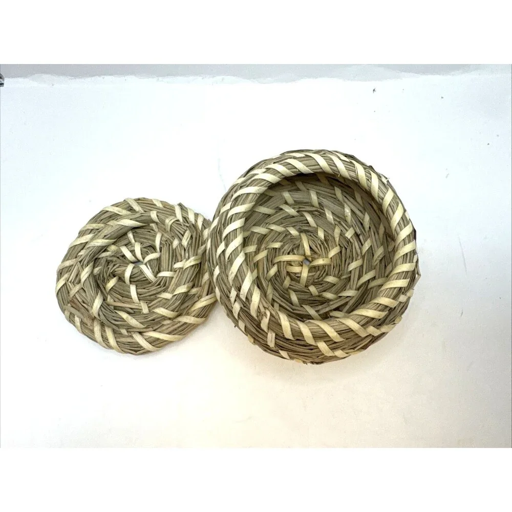 Vintage Small Handmade Woven Seagrass Trinket Basket with Lid
